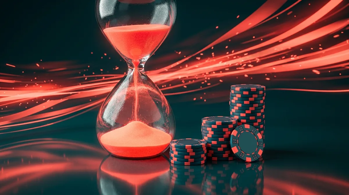 A large coral-glowing hourglass with sand racing, beside three ascending chip stacks, petrol darkness